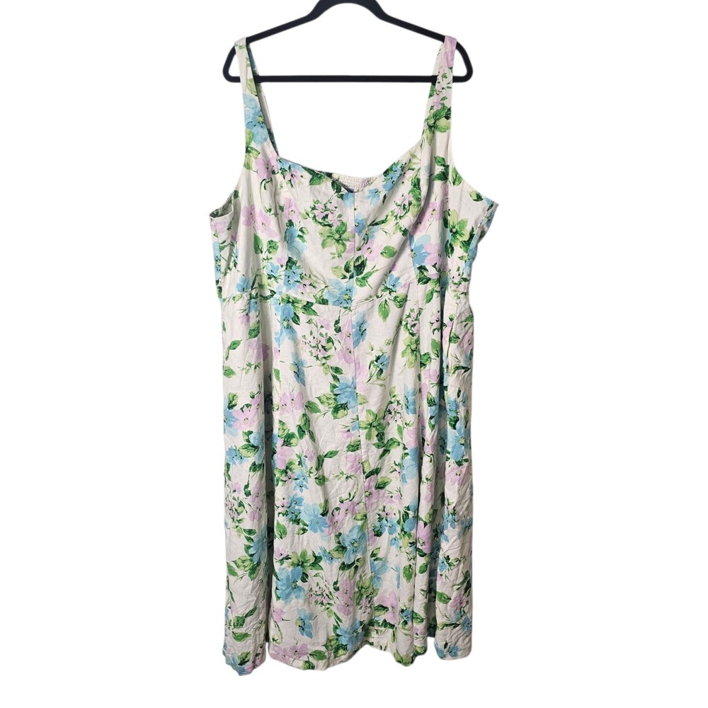 Old Navy 4X White Floral Linen Blend‎ Midi Dress Smocked Back Pockets Cottage